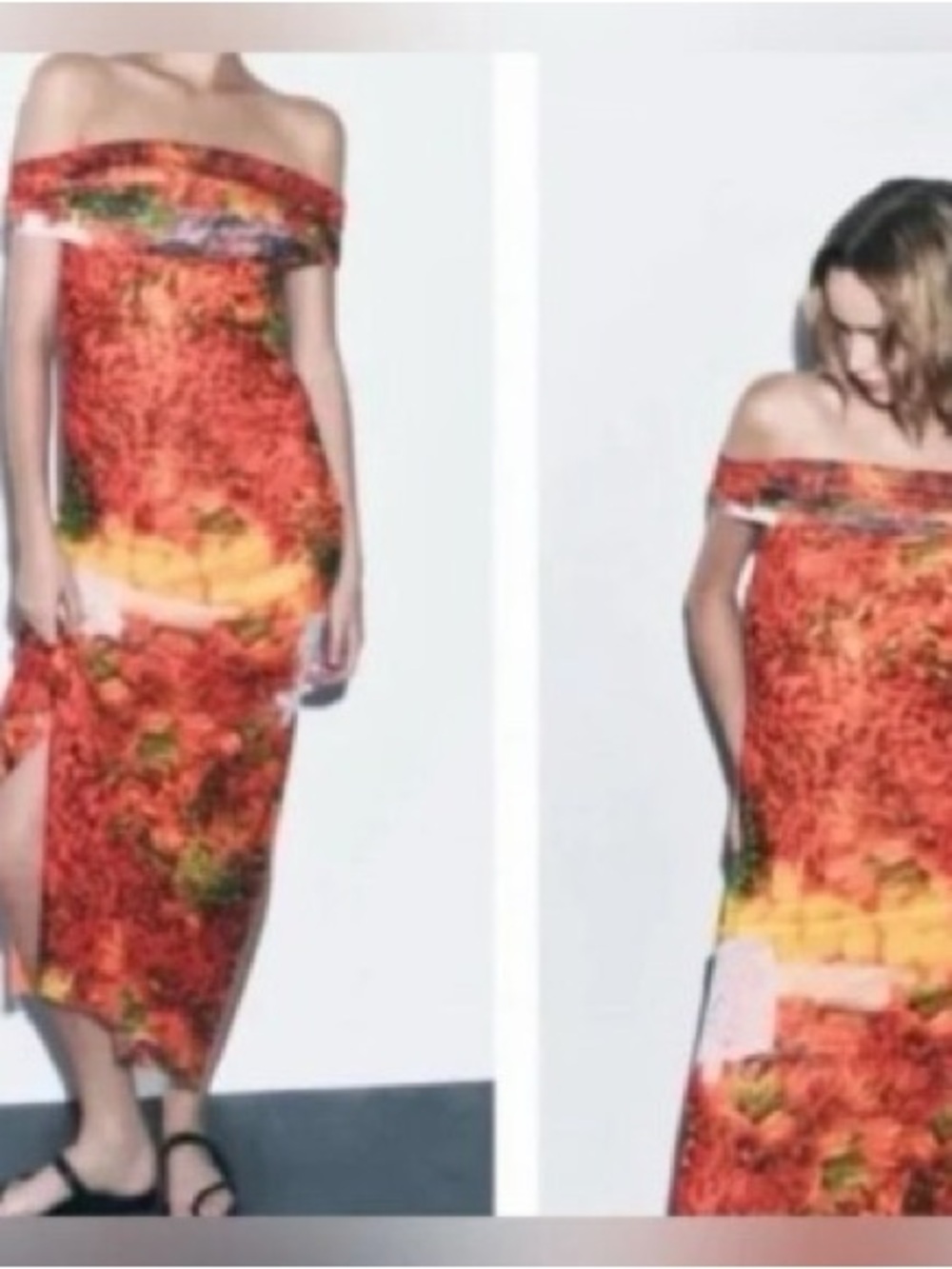 Off-Shoulder Fruit print Midi Dress in Orange and Yellow